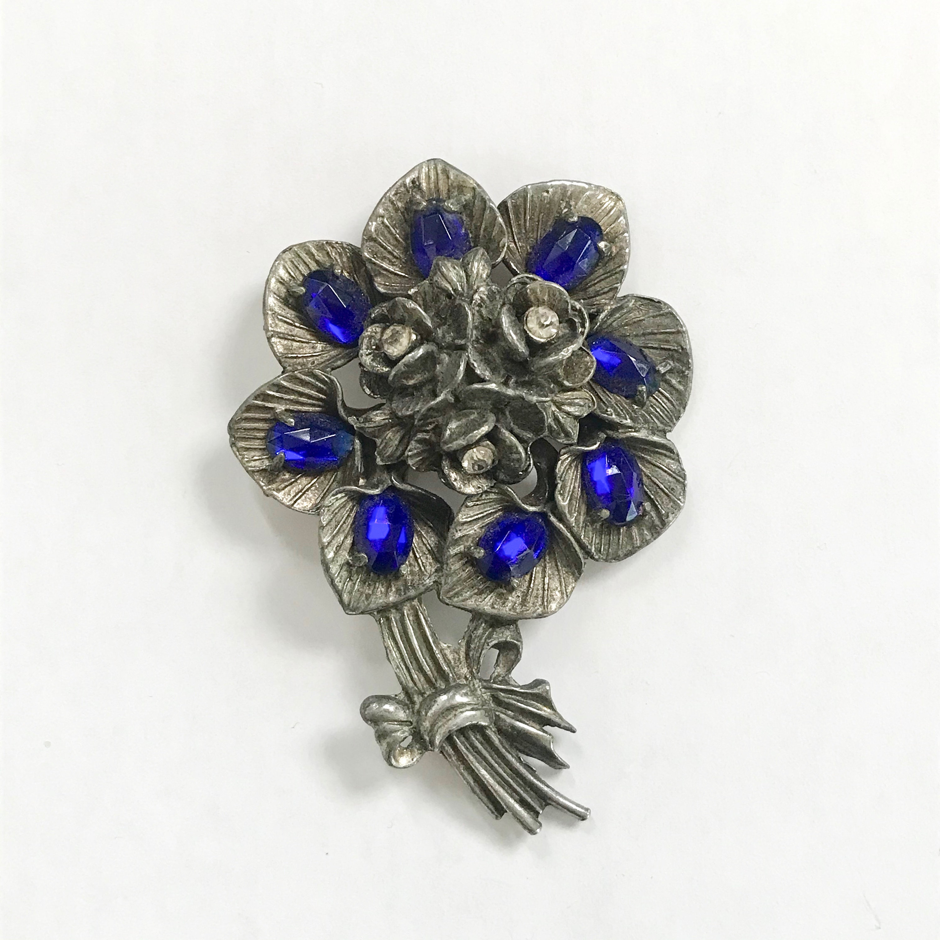 Unusual Vintage Blue and Crystal Rhinestone Bouquet Brooch