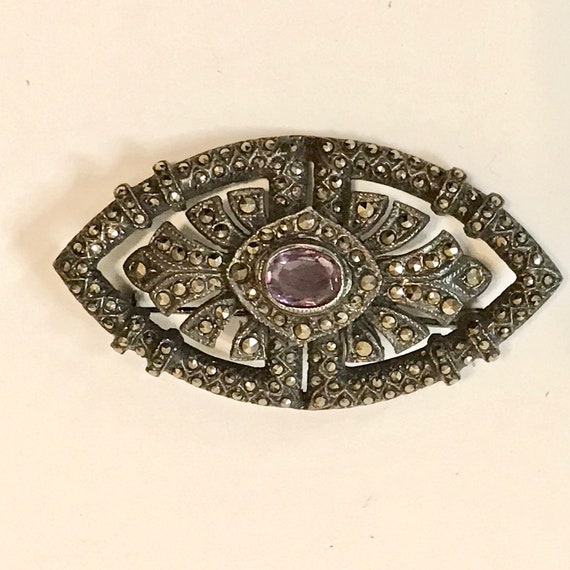 Antique Regal Amethyst and Marcasite Brooch - image 1