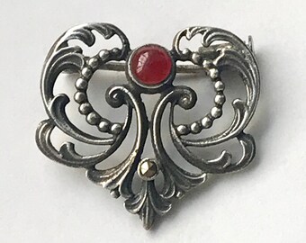 Victorian Revival Sterling Silver, Carnelian and Marcasite Brooch