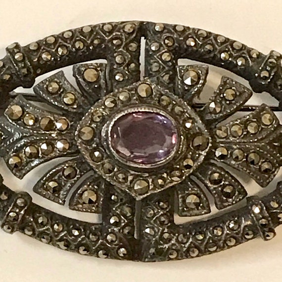 Antique Regal Amethyst and Marcasite Brooch - image 2