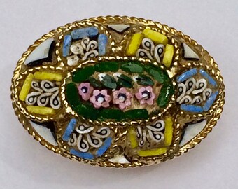 Broche Vintage Micro-mosaïque Florale Multicolore Laiton - Réf K22 - Occasion