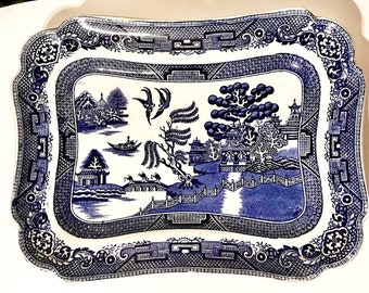 Antike Blaue Weiden Servierplatte