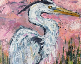 Getextureerd acrylschilderij blauwe reiger met roze kustlucht