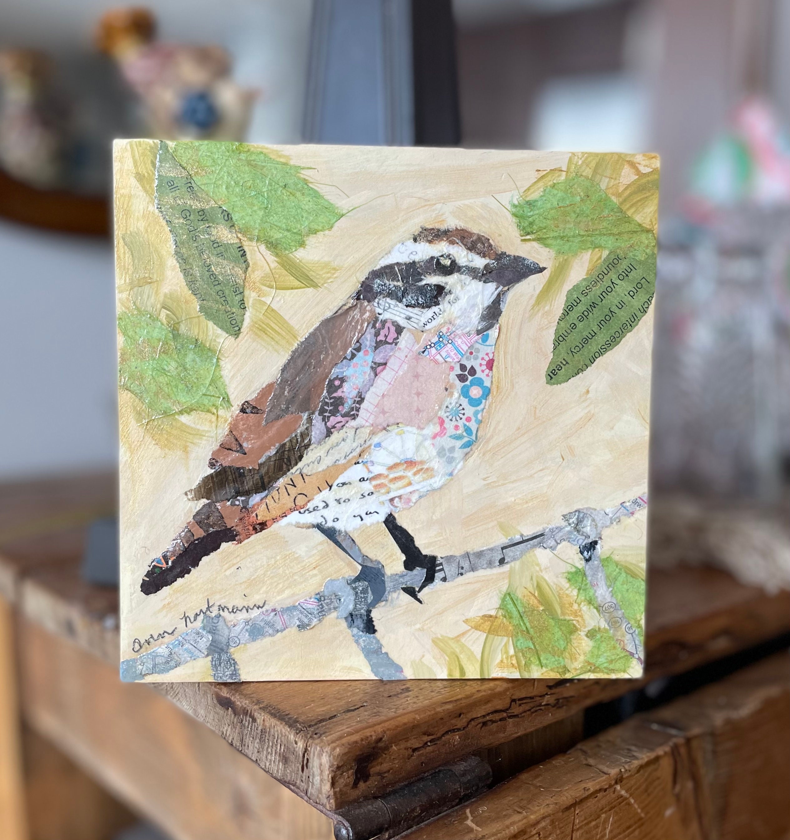 手描きの鳥のアート、ミクストメディアコラージュ - Etsy 日本