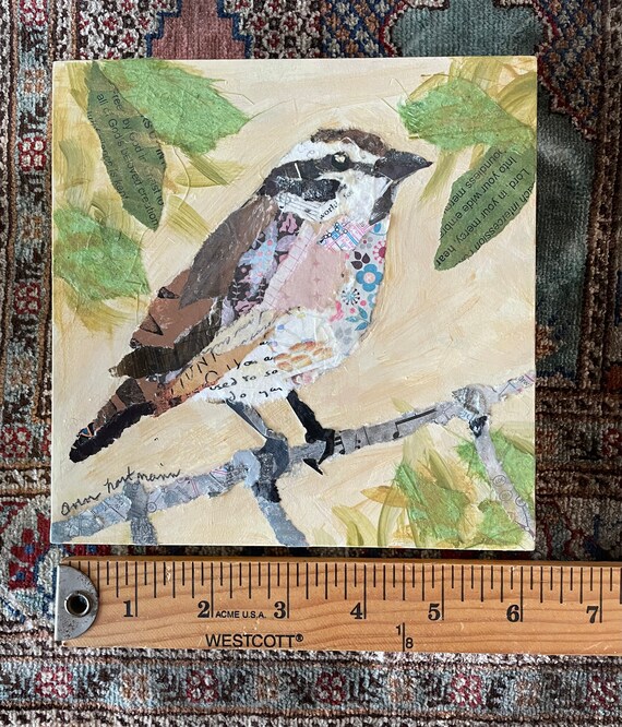 手描きの鳥のアート、ミクストメディアコラージュ - Etsy 日本