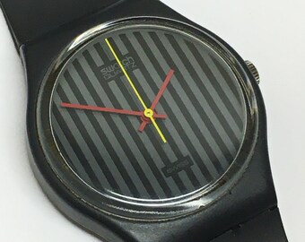 Vintage Swatch Watch Pinstripe GA102 1985 Grey Red Yellow  display picture 2