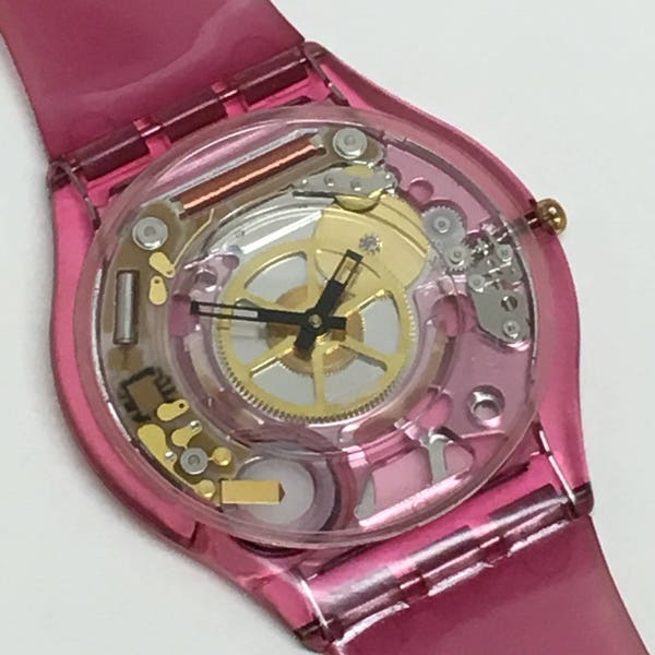 Vintage Skin Swatch Watch Pink Jelly SFP101 2000 Clear Skeleton See Through Holiday Gift