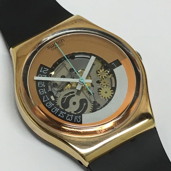 Vintage Swatch Watch Moonquake GX404 1989 Skeleton Bronze Teal Black Gold Colored Aluminum Capped Case Retro Valentines Holiday Gift Swatch