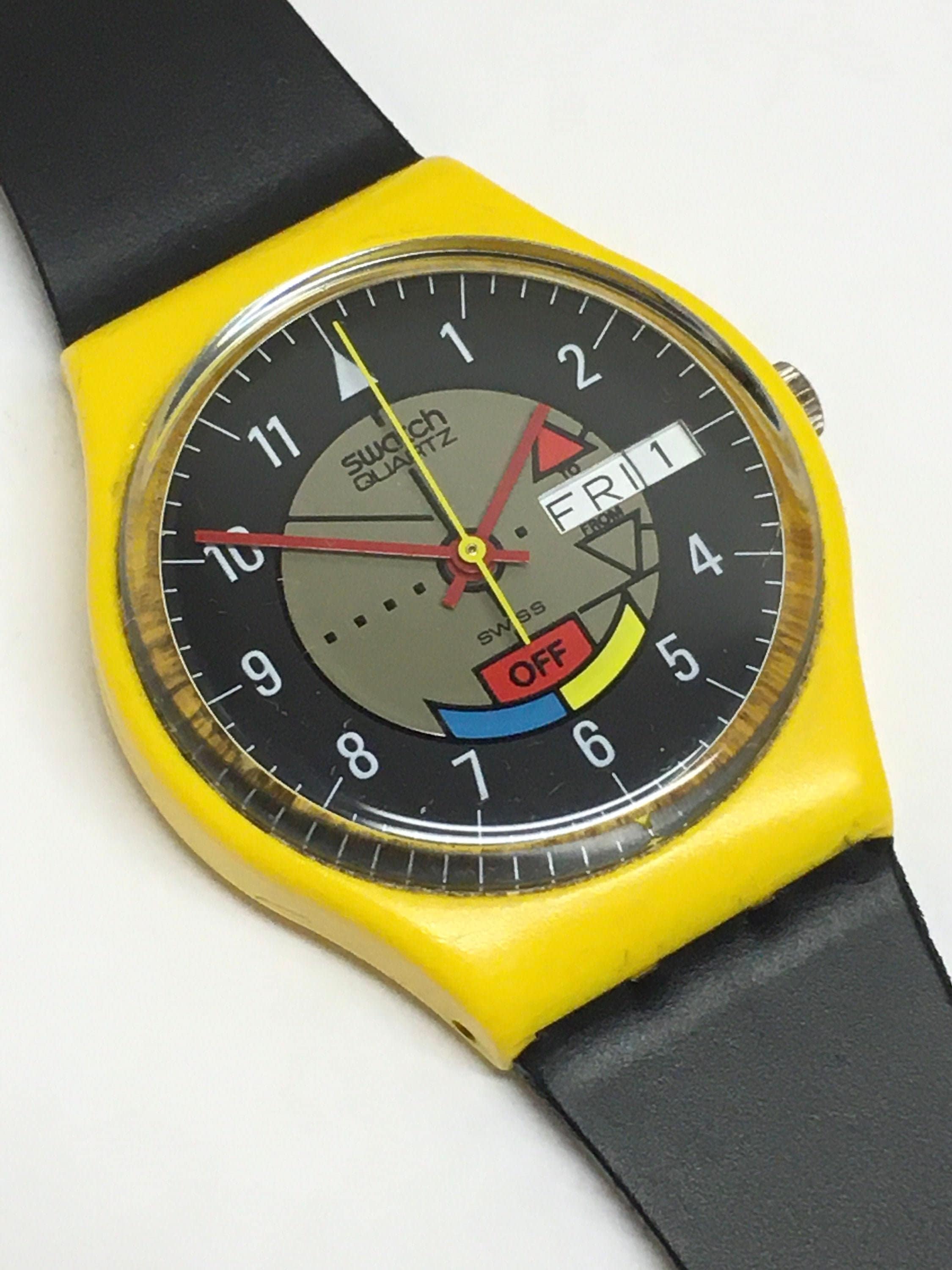 Vintage Swatch Uhr Yamaha Racer GJ400 1985 schwarz gelb Tag 