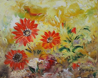 Peinture à l'huile française originale des années 1970 - soucis de Janoul - huile sur contreplaqué - peinture à l'huile florale française - AP52