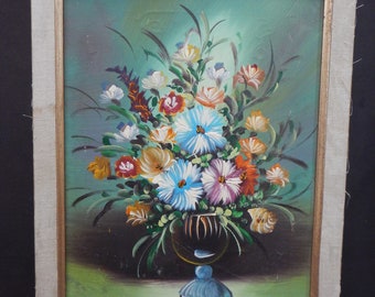 Original French Oil Painting from 1960s - Flowers in a Vase by I Cafieri - Oil on Canvas -Original Partial Frame - AP1/004