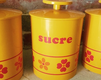 VERY RARE - Set of Five French 1960s Bright Orange Melamine Kitchen Canisters/Containers - French Vintage - K368