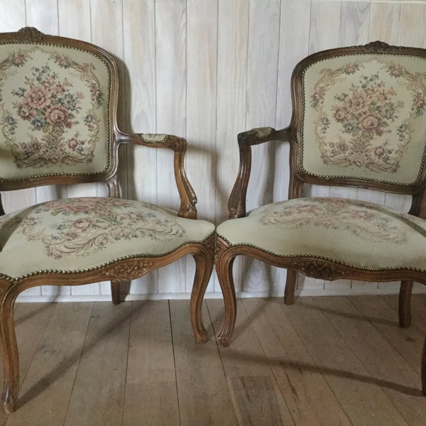 Paire de fauteuils anciens cabriolet Louise XVI de style rococo, français Aubusson, accoudoirs couverts ou chaises Carver F103