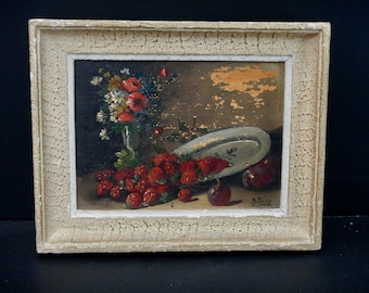 Original 1920 Pariser Kunst - Ölgemälde - Erdbeeren mit Blumenvase - Stillleben - P Roze - DC5