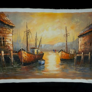 Original Oil Painting from 1970s - Ships in the harbour by W. Harton - Oil on Canvas - Original Unframed - Wall Art - AP60
