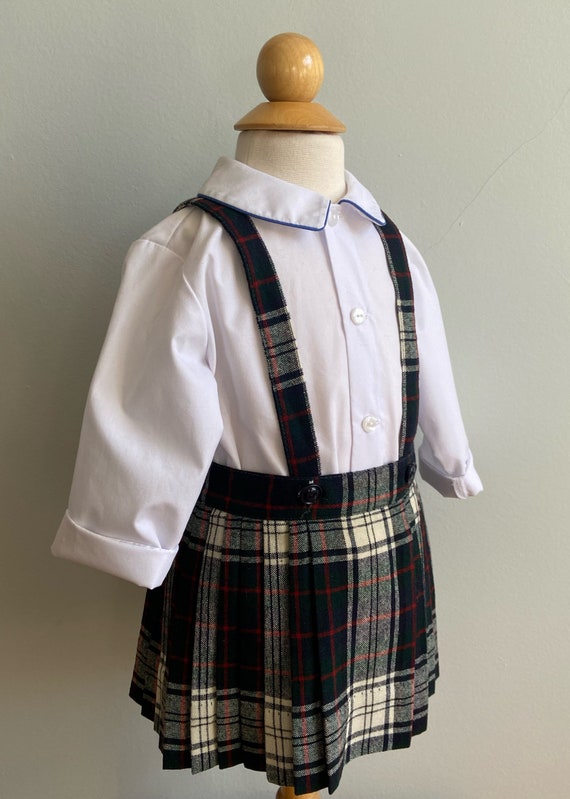 Vintage Plaid Suspender Skirt with Blouse