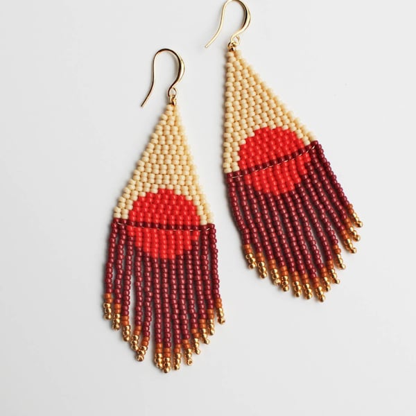 Blood Moon • beaded, fringe earrings, gold plated, sunrise, moon, abstract, casual, red, minimalist, boho style