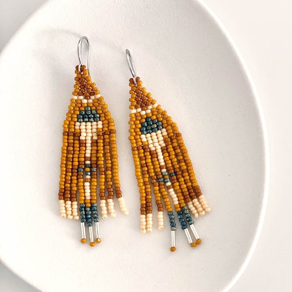 Earrings | Indy • ochre, teal, ivory beaded fringe