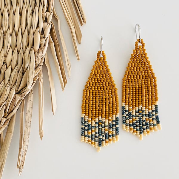 Earrings | Kyra • ocher, teal, ivory beaded fringe