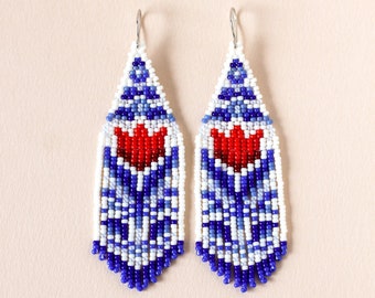 Oorbellen Mary - Rode Tulp | Beaded, handmade, fringe, holland, delfts blauw, royal blue