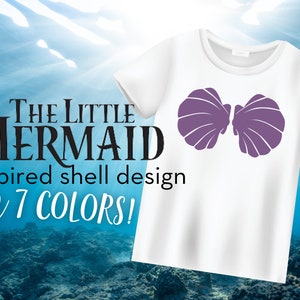 Diseño de camiseta DIY para imprimir con plancha y parte superior con diseño de concha morada de Ariel La Sirenita