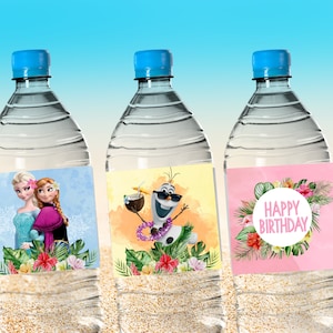May include: Three clear plastic water bottles with colorful labels. The labels feature images of characters from the movie Frozen and a tropical floral design. One label says "Happy Birthday".