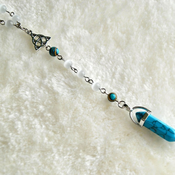 Heidense rozenkrans, kattenoog en malachiet kralen, wicca, meditatie, heks, gebed, wiccan, keltische triquetra, turquoise hanger
