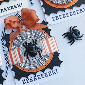 May include: A black and orange Halloween card with a spider web design and the text "EEEEEEK!" repeated three times. A black spider with silver glitter is attached to the card.