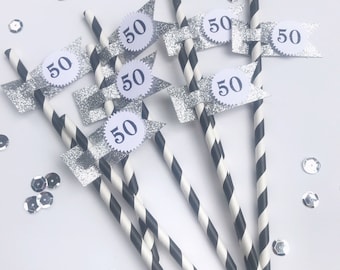 50th Birthday Straws - 50th Birthday Decorations - Milestone Birthday Decorations - Birthday Straws - Straws with Flags - Straws for the Cup