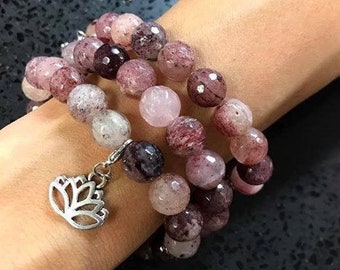 Muscovite gemstone and Lotus flower bracelet/ pink/ burgundy/ Muscovite/ gemstone/ Lotus flower/ charm/ bracelet/ natural/ healing/ jewelry