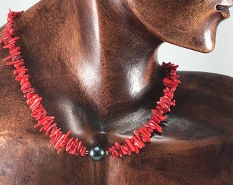 Red Coral and Black Tahitian pearl necklace/ red/ coral/ black/ pearl/ necklace/ The Tahitian Treasure/ jewelry/ Collection