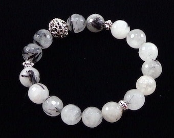 Tourmalinated Quartz Bracelet/ White/ Quartz/ Black/Tourmaline/ Bracelet/ Protection/ Mala/ Spiritual/ Jewelry