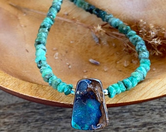 Boulder Opal and Natural Emerald Necklace The Northern Lights Necklace