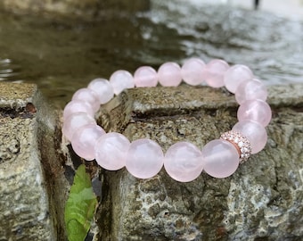 Rose Quartz Bracelet/ pink/ natural/ Quartz/ micro pave/ bracelet