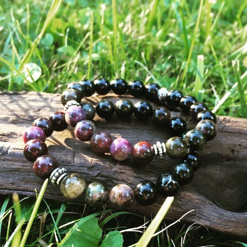 Multicolor Tourmaline Bracelet Pink Green Black Tourmaline gemstone bracelet Yoga mala