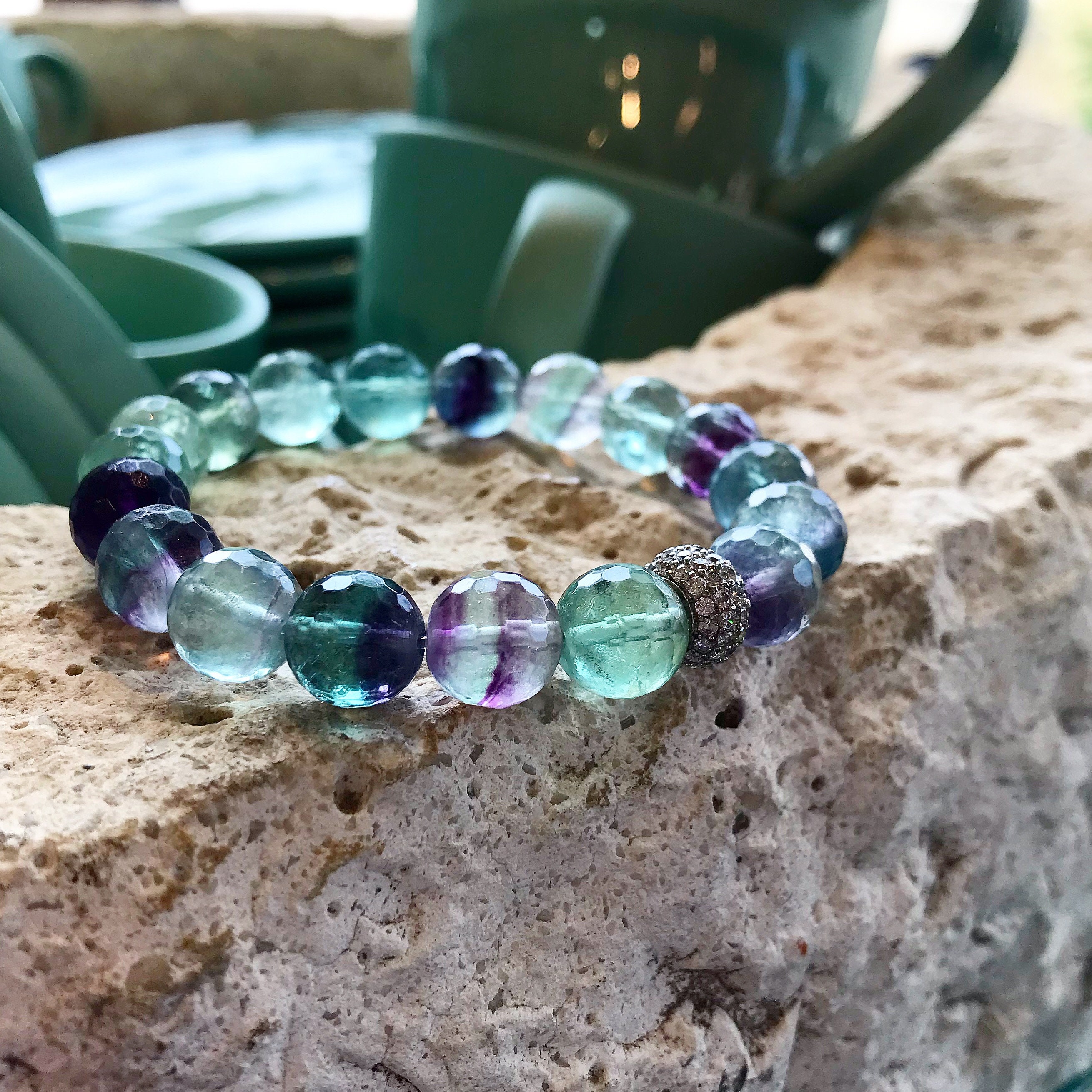 Rainbow Fluorite Bracelet Green Purple Natural Gemstone