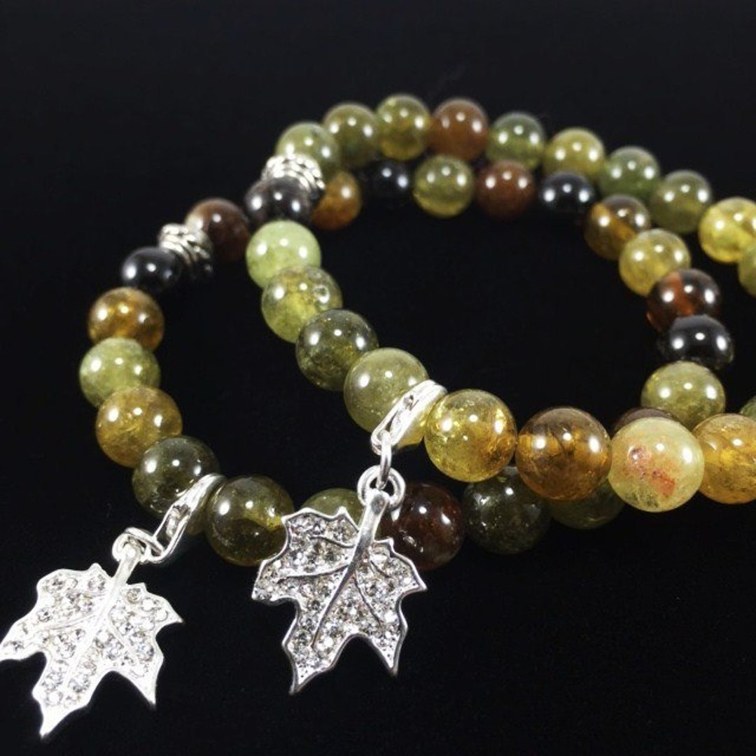 Grossular Garnet and Rhinestone Leaf Bracelet/ Green/ Garnet/ Gemstone ...