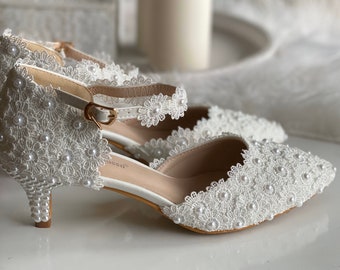 white satin low heel bridal shoes