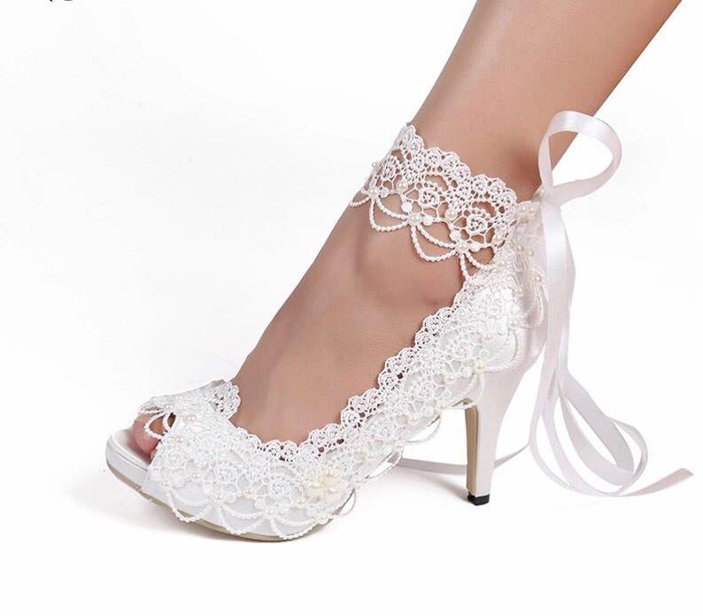 Wedding shoes-Open toe white shoes-brides Pumps-anklelace | Etsy