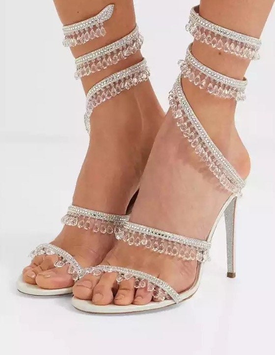 Embellished clear gladiator heels sales