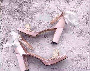 Milan pink ivory pearl custom made block heels