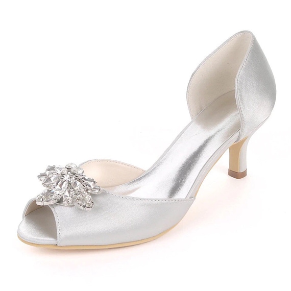 silver open toe low heels