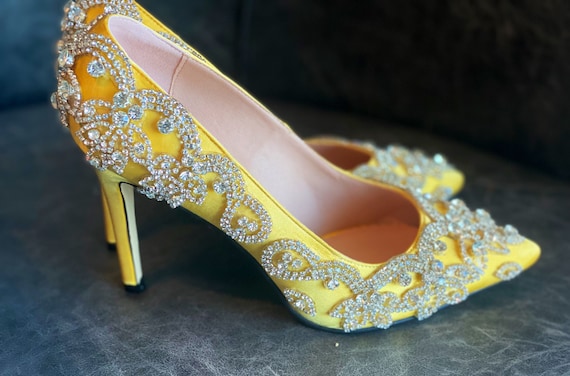 Women's Yellow Square Toe High Heel Pumps With Metellic Heels And Bright  Yellow Stone Texture | SHEIN USA