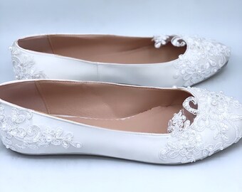 True white satin flats - wedding flats - bridal flats- lace bridal flats- pearl flats