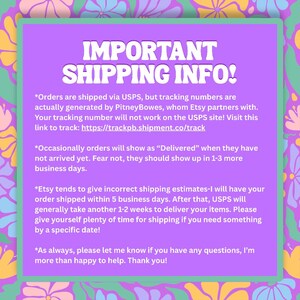 May include: A purple and green graphic with the text "IMPORTANT SHIPPING INFO!" in white. The text provides information about shipping via USPS, tracking numbers, and estimated delivery times. The background has a floral design.