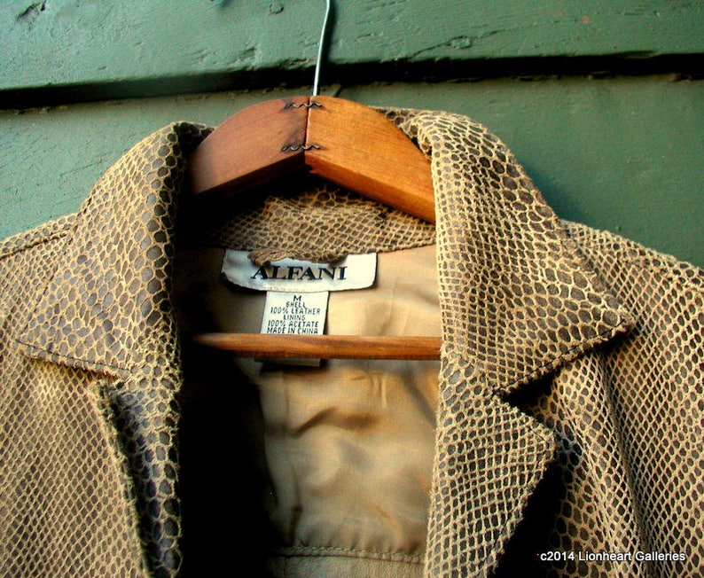 Vintage 1990/'s ALFANI Lizard Print Leather Shirt Jacket Medium Ladies Taupe Leather Button Down Shirt