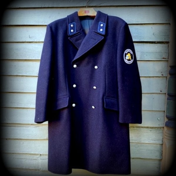 Vintage Men's Navy Blue Bavarian Police Coat Double Breasted Wool Peacoat Bayerische Landespolizei Germany Large