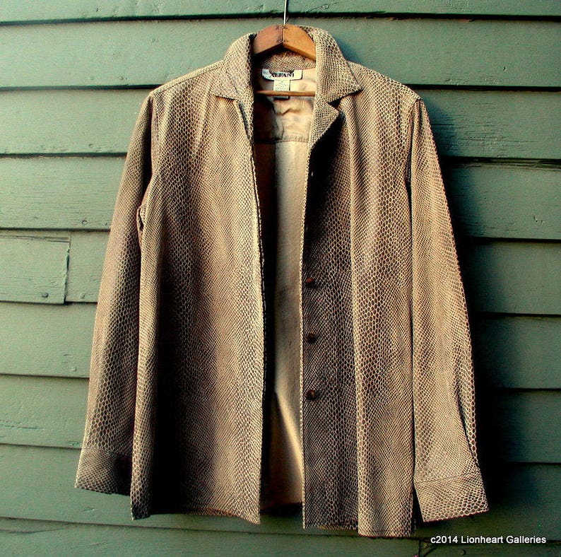 Vintage 1990/'s ALFANI Lizard Print Leather Shirt Jacket Medium Ladies Taupe Leather Button Down Shirt