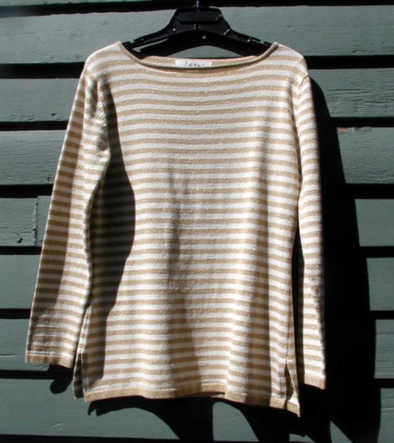Classic French Style Gold /& White Striped Top Silk Lurex Cotton Knit Tunic Top Women/'s Medium Glam Boatneck Pullover