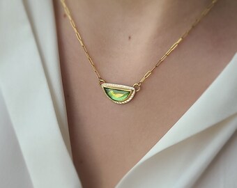 Lime green tourmaline necklace on 14k gold paperclip chain.  Handmade October tourmaline necklace.